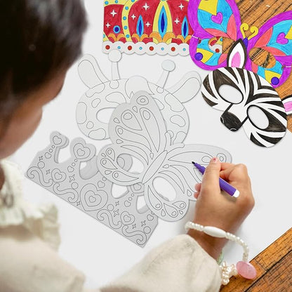 48 PCS Color Your Own Paper Crowns and Paper Masks, DIY Art Coloring Craft Activity for Kids Birthday Dress up Party Favors Decoration, School Home Art Coloring Activities