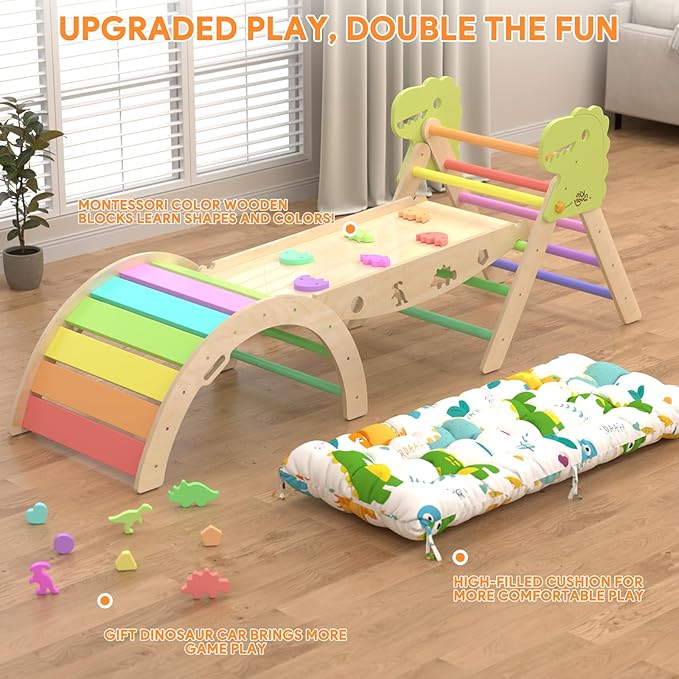 Pikler Triangle Set with Cushion 9 in 1 Climbing Toys for Toddlers 1-3 Indoor Baby Gym Toddler Montessori Toys Wooden Climbing with Maze, Shape Sorting, Dinosaur Car