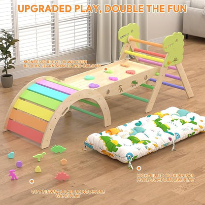 Pikler Triangle Set with Cushion 9 in 1 Climbing Toys for Toddlers 1-3 Indoor Baby Gym Toddler Montessori Toys Wooden Climbing with Maze, Shape Sorting, Dinosaur Car