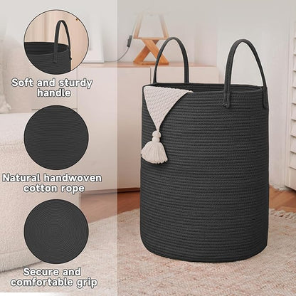 JMvicyroam Large Woven Laundry Basket Hamper,80L Cotton Rope Storage Bin for Blankets,Toys and Clothes,Decorative Tall Nursery Hamper for Living Room,Baby Nursery,Bathroom and Bedroom,Black