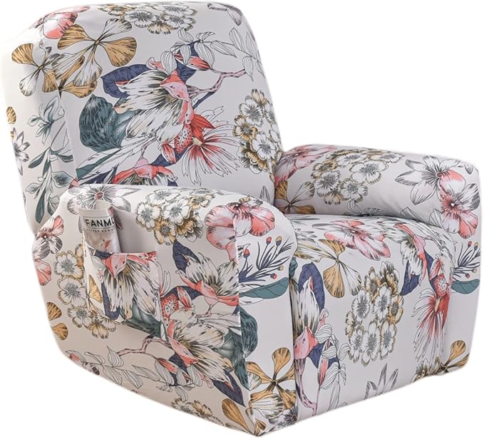 NILUOH Stretch Recliner Cover 4 Pieces Printed Lazy Boy Chair Covers Floral Patterned Recliner Sofa Slipcover Anti-Slip Fitted Furniture Protector with Elastic Bottom, A2