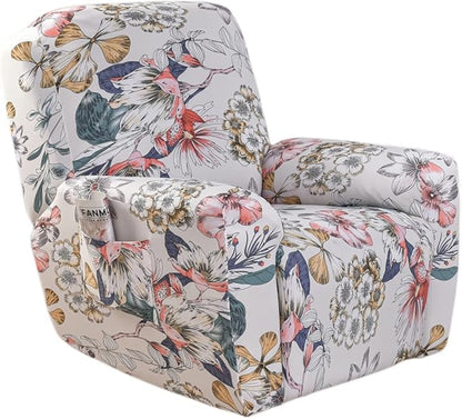 NILUOH Stretch Recliner Cover 4 Pieces Printed Lazy Boy Chair Covers Floral Patterned Recliner Sofa Slipcover Anti-Slip Fitted Furniture Protector with Elastic Bottom, A2