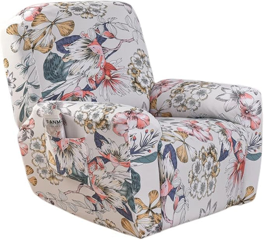 NILUOH Stretch Recliner Cover 4 Pieces Printed Lazy Boy Chair Covers Floral Patterned Recliner Sofa Slipcover Anti-Slip Fitted Furniture Protector with Elastic Bottom, A2