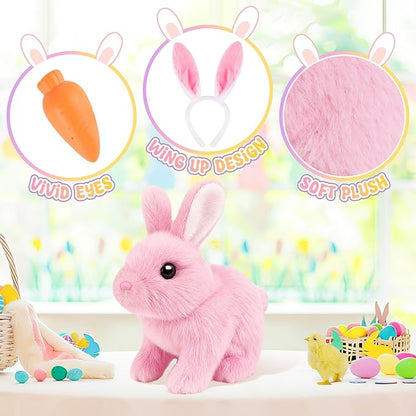 Realistic Bunny for Kids - Interactive Hopping Bunny Toy Set with Bunny Ears, Electric Lifelike Robot Rabbit that Move, Walking Barking and Wagging Tail Bunby Stuffed Animal with Sounds, Pink