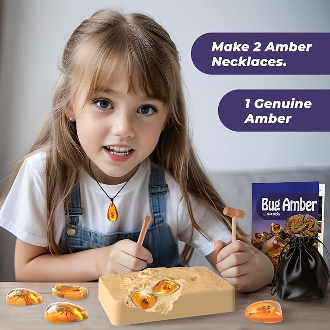EDUMAN Amber Dig Kit - 6 Artificial Insect Resin Specimens, Bugs Fossil Excavation Set with Natural Amber, STEM Inspired Educational Toy for Kids Ages 6-12, for Boys & Girls