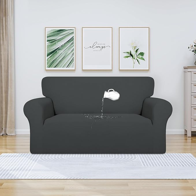 PureFit 100% Dual Waterproof Couch Cover Slipcovers for Couches and Sofas - Stretch Non Slip Fleece Sofa Covers Washable, Leakproof Furniture Protector for Kids, Pets, Dog (Loveseat, Dark Gray)