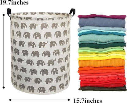 HIYAGON Canvas Storage Basket,Large Laundry Basket with Handles-Collapsible Storage Bin for Kids Room,Nersury Hamper,Toy Storage 19.7×15.7 (Grey Elephant)