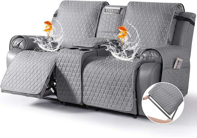 TAOCOCO 100% Waterproof Recliner Cover -Loveseat Recliner Cover with Center Console,Non-Slip Reclining Couch Covers for 2 Seat,with Elastic Straps Pocket for Kids, Dogs(Light Gray, 2 Seater XL)