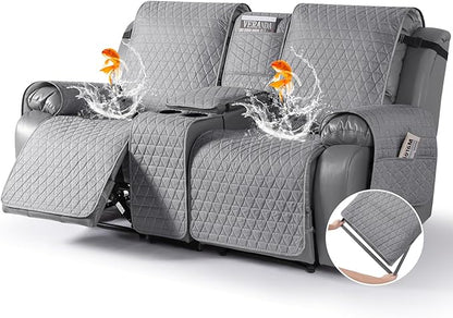 TAOCOCO 100% Waterproof Recliner Cover -Loveseat Recliner Cover with Center Console,Non-Slip Reclining Couch Covers for 2 Seat,with Elastic Straps Pocket for Kids, Dogs(Light Gray, 2 Seater XL)