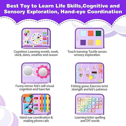 JHkim Busy Board Montessori Toys for Toddlers 1-3, Birthday Gifts for 1 2 3 4 Year Old Girl, Autism Sensory Travel Toy, Educational Activity Busy Book, Preschool Learning Fine Motor Skills Toys,Purple