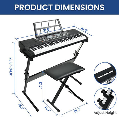 61-Key Lighted Keyboard Piano for Beginners, Electric Keyboard with Pitch Bend & Built-In Speakers, Teaching Mode, Portable Piano Set with Stand, Bench & Microphone