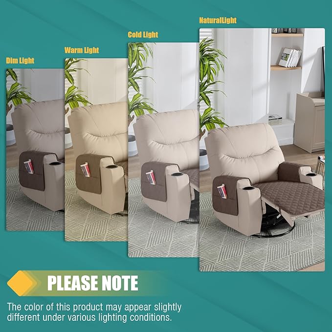 Ruaozz Waterproof Recliner Chair Covers Non Slip Chair Covers Washable Recliner Covers for Reclining Chair with Pockets Covers for Recliner Chair for Pets, Kids (Brown, Medium-25'')