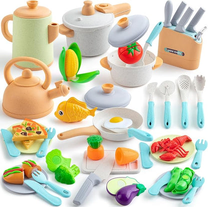 42Pcs Play Kitchen Accessories, Kids Kitchen Pretend Play Toys with Play Pots and Pans, Utensils Cookware Toys, Play Food Set, Toy Vegetables, Learning Gift for Girls Boys