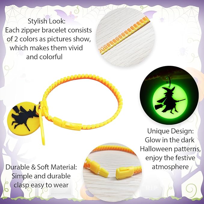 Kids Halloween Party Favors Zipper Bracelets, 28 Pack Glow in the Dark Halloween Zipper Wristbands for Kids Halloween Gifts, Halloween Giveaways, Halloween Goodie Bag Fillers, Kids Halloween Supplies