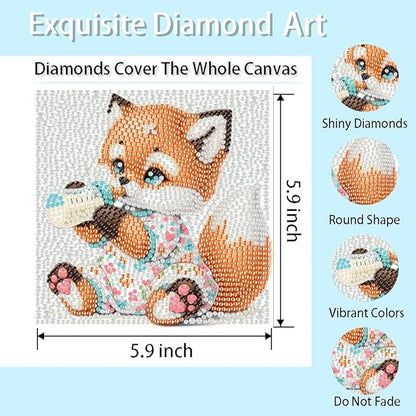 FQOVKYN 4 Pcs Baby Animals Diamond Art Kits for Kids, Cute Animals DIY Diamond Arts Mosaic Kits for Adults Beginner, Full Round Drill Diamond Art Painting for Home Wall Decor Kids Gift 6X6 inch