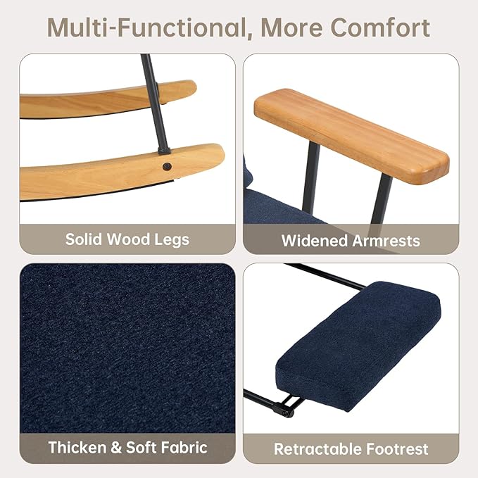 Rocking Chair with Footrest-Glider Rocker Chair with Retractable Footrest and Adjustable Backrest, Teddy Upholstered Rocking Chair Set of 2, Accent Chair for Living Room/Nursery/Bedroom/Outdoor-Blue