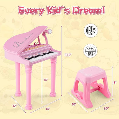 Honey Joy Classical Kids Mini Grand Piano w/ Music Stand & Stool, Portable Electronic Piano Educational Musical Instrument Toy w/ Microphone, Lights, Gift for Kids (Pink, 31 Keys)