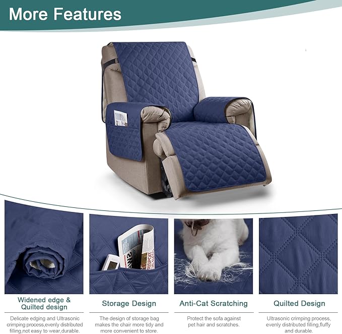 Ruaozz 100% Waterproof Recliner Chair Cover Non-Slip Reclining Cover for Recliner Chair Washable Chair Seat Cover with Elastic Straps for Kids, Dogs, Pets (Ocean Blue, 23'')