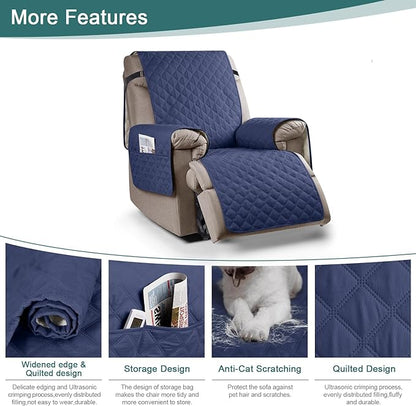 Ruaozz 100% Waterproof Recliner Chair Cover Non-Slip Reclining Cover for Recliner Chair Washable Chair Seat Cover with Elastic Straps for Kids, Dogs, Pets (Ocean Blue, 23'')