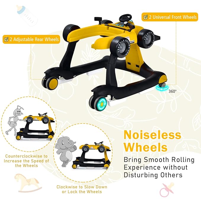 GLACER Foldable Baby Walker, 4-in-1 Infant Walker with Adjustable Height & Speed, Music, Light, Steering Wheel & Washable Cushion, Baby Walker Activity Center for Boys Girls 6 –18 Months (Yellow)