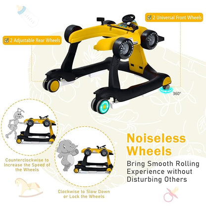 GLACER Foldable Baby Walker, 4-in-1 Infant Walker with Adjustable Height & Speed, Music, Light, Steering Wheel & Washable Cushion, Baby Walker Activity Center for Boys Girls 6 –18 Months (Yellow)