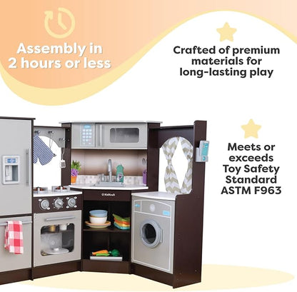 KidKraft Ultimate Corner Wooden Play Kitchen with Lights & Sounds, Play Phone and Curtains, Espresso, Gift for Ages 3+