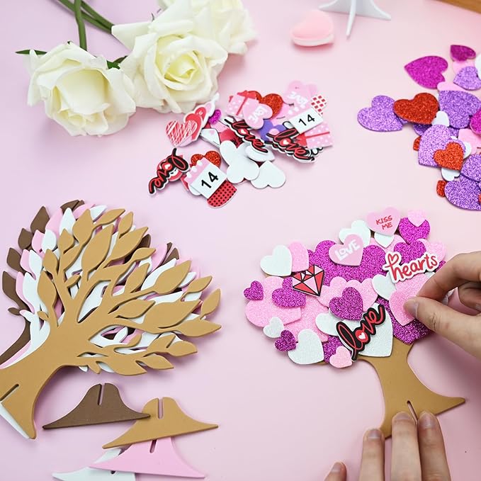 24 Sets DIY Valentine's Day Foam Tree Crafts Kits Decorations Self Adhesive Heart Sticker Love Heart Letter Shiny Sticker for Kids Party Favors Fun Classroom Home Activities