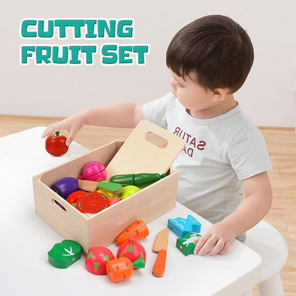 Wooden Play Food for Kids Kitchen, 32PCS Pretend Cutting Fruits Vegetables Food Play Toy Sets, Early Education Montessori Kids Toys, for Toddlers and Kids Ages 3+