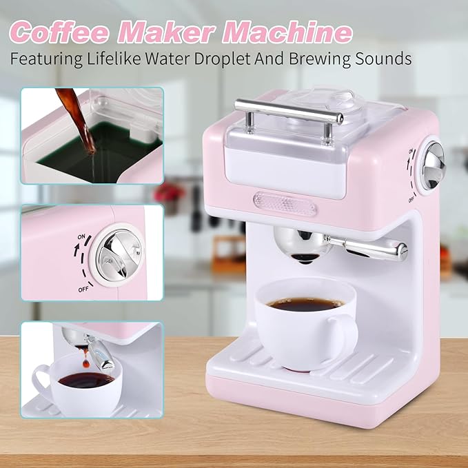 Kitchen Appliances Toys, Play Kitchen Accessories, Toy Kitchen Appliances for Kids, Pretend Kitchen Toys with Coffee Maker, Mixer and Toaster, Toy Kitchen Set Birthday Gift for Kids Ages 3+ (Pink)