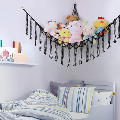 Boho Stuffed Animals Net or Hammock Large,55 inch Toy Hammock Macrame Stuff Animal Storage Corner Hanging Net Holder,Mesh Hammock Plush Toy Organizer with Hooks for Bedroom,Nursery (Black)