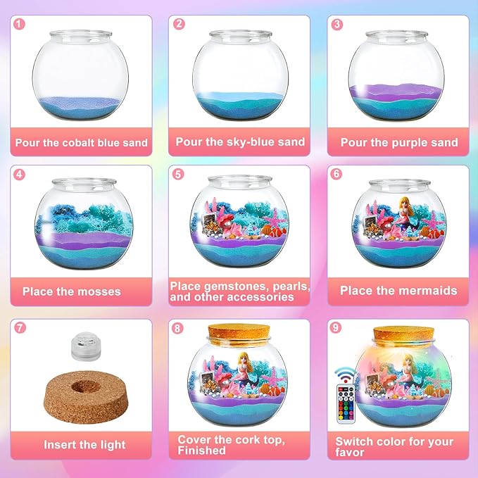 Light Up Mermaid Terrarium Kit for Kids, DIY Mermaid Toys Craft Kits for Kids, LED Night Light with Remote for Girls Ages 4-12 Year Old, 4 Light Modes, DIY Arts & Crafts Gift for Girls