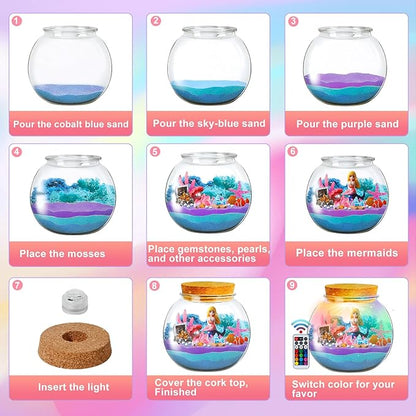 Light Up Mermaid Terrarium Kit for Kids, DIY Mermaid Toys Craft Kits for Kids, LED Night Light with Remote for Girls Ages 4-12 Year Old, 4 Light Modes, DIY Arts & Crafts Gift for Girls