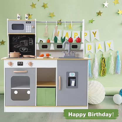 Play Kitchen for Kids, Wooden Play Kitchen with Toy Storage System, Kids Play Kitchen with Cookware Accessories, Kids Play Kitchen Designed, Gift for Ages 3+