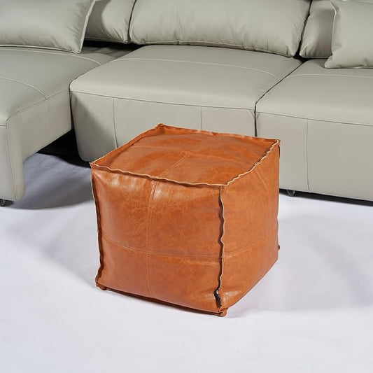 Louis Donné Moroccan Unstuffed Pouf Cover, Faux Leather Poofy Ottoman Footstool For living room Decoration Square Foot Rest for Storage Orange Floor Cushion Footrest 17.7 Inch (Only Cover) (No Filler)