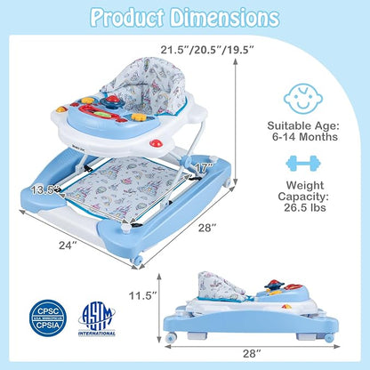 HONEY JOY Baby Walker, 6-in-1 Foldable Baby Walker and Bouncer Combo, Infant Activity Walker with Wheels, Adjustable Heights, Rocker, Music, Lights, Walker for Baby Boy Girl 7-14 Months (Blue)