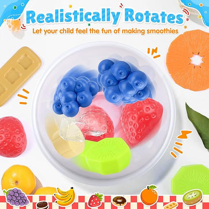 PLAY Smoothie Maker Toy Blender Set - 27 Pcs Pretend Play Kitchen Appliance for Kids with Realistic Action, Light and Sound, Play Toy Food Fruits and Cookies, Toy Mixer Birthday Gift for Kids Ages 3+