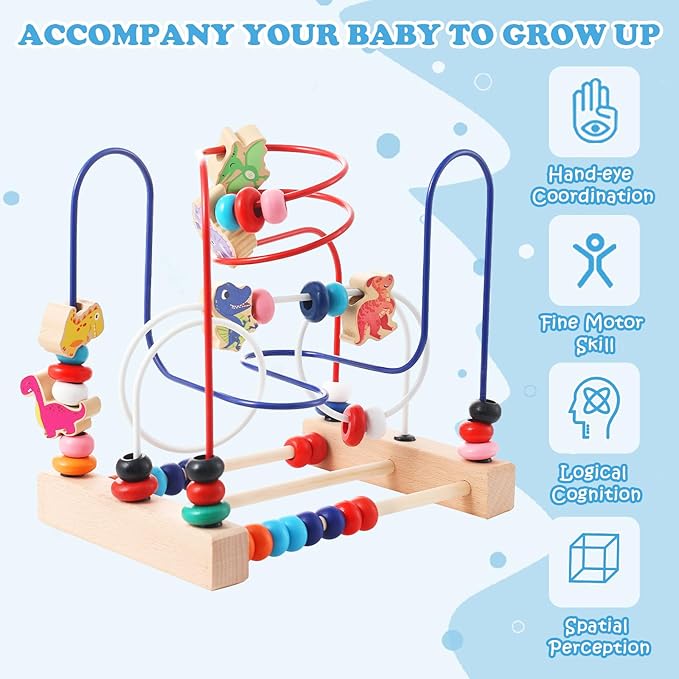 Wooden Bead Maze Toy for Toddlers, Dinosaur Themed Colorful Roller Coaster Abacus Activity Toy,Early Learning Educational, Fine Motor Skill Development, Gift for 3+ Boys and Girls
