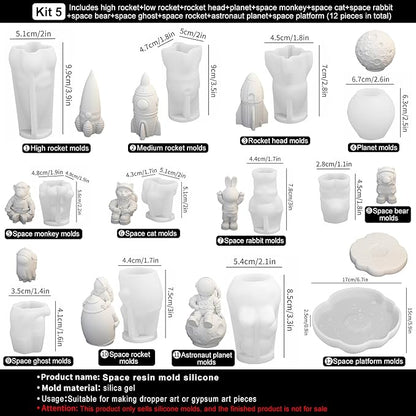 Space Planet Resin Molds Silicone，【12-piece Set】 Epoxy Resin Space Astronaut Silicone molds,3D Resin Spaceballs Molds, Small Rocket Silicone Model, Space Rabbit DIY Gift Sets for Teens (【Kit 5】)