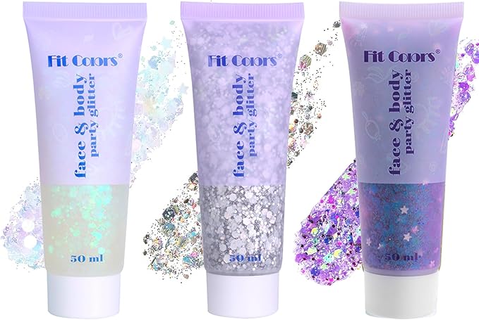 Hair Face Body Glitter Set for Women, White Silver Purple Holographic Mermaid Sequins Chunky Glitter Makeup for Music Festival Rave Accessories, Christmas, Wedding, New Year, Prom