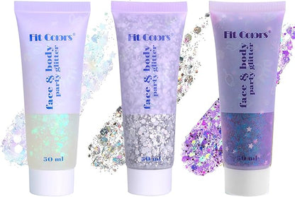 Hair Face Body Glitter Set for Women, White Silver Purple Holographic Mermaid Sequins Chunky Glitter Makeup for Music Festival Rave Accessories, Christmas, Wedding, New Year, Prom
