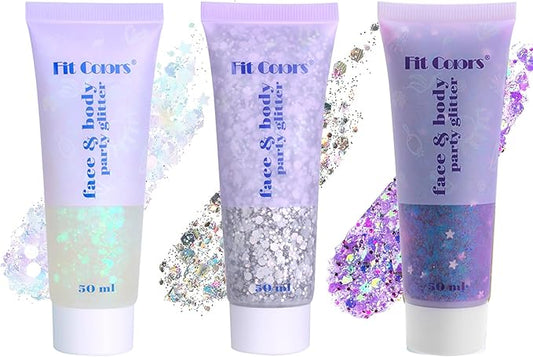 Hair Face Body Glitter Set for Women, White Silver Purple Holographic Mermaid Sequins Chunky Glitter Makeup for Music Festival Rave Accessories, Christmas, Wedding, New Year, Prom