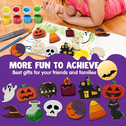JOYIN 12 Pcs Halloween Craft Kid Wooden Magnet Creativity Arts & Crafts Painting Kit, DIY Halloween Painting Craft for Kids Halloween Party Supplies, Toddler Craft Party Favor Family School Activities
