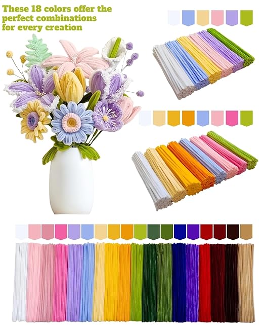 1000 Pcs Pipe Cleaners Flower Kit, 18 Colors Chenille Stems with Complete Accessory Set & Instruction, Pipe Cleaners Craft, Art and Craft Supplies, DIY Art Projects Creative Gift
