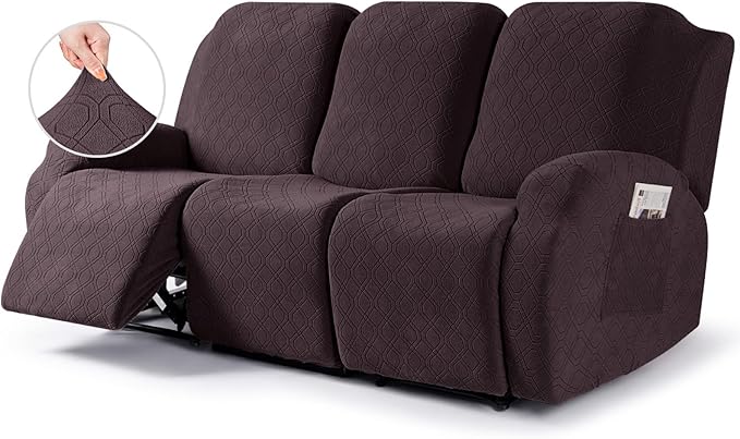 VANSOFY Recliner Cover, 3-Pieces Stretch Reclining Couch Covers with Pockets Reclining Sofa Slipcovers 3 Seater Soft Washable Furniture Protector for Dogs Cats(Chocolate)