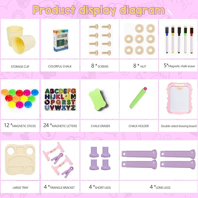 Art Easel for Kids, Adjustable Standing Rotatable Double Sided Easel with Painting Accessories for Toddlers Boys and Girls-Pink