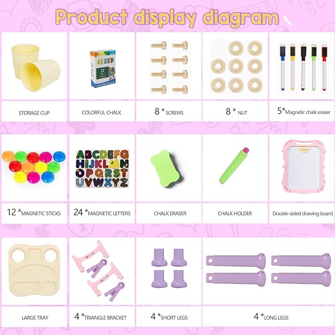 Art Easel for Kids, Adjustable Standing Rotatable Double Sided Easel with Painting Accessories for Toddlers Boys and Girls-Pink