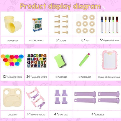 Art Easel for Kids, Adjustable Standing Rotatable Double Sided Easel with Painting Accessories for Toddlers Boys and Girls-Pink