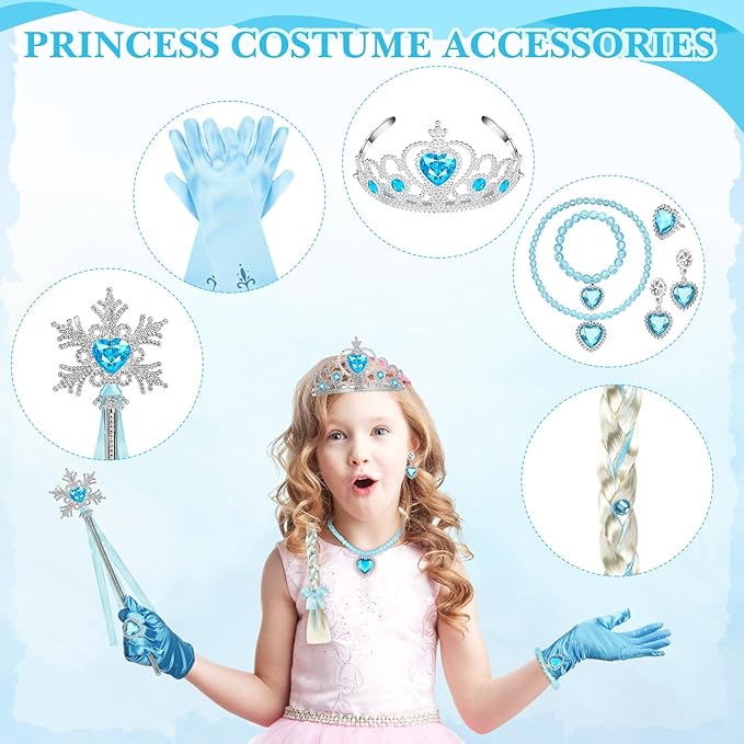 Lyrow 8 Pcs Princess Dress up Party Accessories Include Dress up Jewelry Princess Wand Princess Gloves Fake Crown Wig Ring Necklace Bracelet Earring for Girls Cosplay Costume Christmas Holiday Party