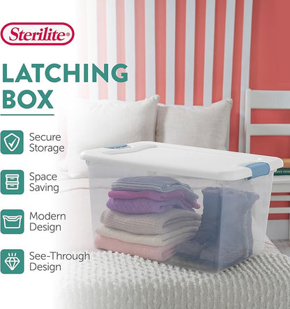 Sterilite 16 Pack Latching Box, 64 Qt Plastic Storage Container, Stackable Large Home or Office Tote Organizers with Secure Lids, White