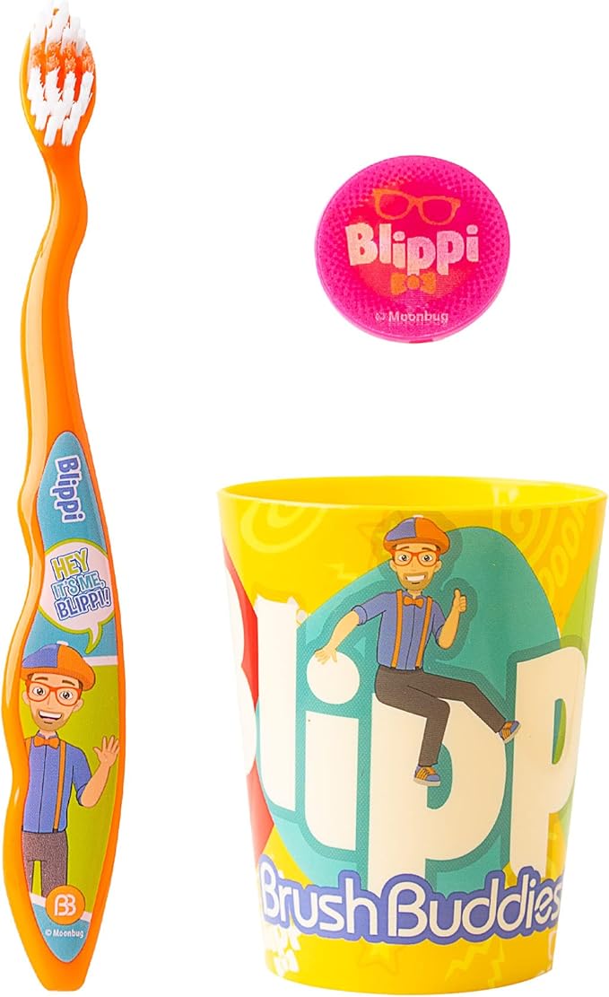 Brush Buddies Blippi Kids Toothbrushes Kit, Manual Toothbrushes for Kids, Toothbrush for Toddlers 2-4 Years, Travel Toothbrush Kit with Cover and Cup, 3PC